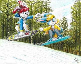 anthro barefoot blonde_hair blue_body blue_clothing blue_eyes blue_fur blue_jacket blue_sky blue_topwear bottomwear cheek_tuft chest_tuft closed_smile clothed clothing duo facial_tuft feet fur glistening glistening_eyes grey_bottomwear grey_clothing grey_pants hair jacket logo male male_anthro mouth_closed open_clothing open_jacket open_mouth open_smile open_topwear outside pants plant red_hair short_hair sky smile snowboard snowboarding topwear tree tuft white_body white_bottomwear white_clothing white_fur white_pants yellow_clothing yellow_eyes yellow_jacket_(clothing) yellow_topwear young young_anthro young_male pandapaco lagomorph leporid mammal rabbit artist_logo signature