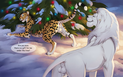 animal_genitalia anus balls black_spots black_stripes butt dialogue duo eyewear feral fur genitals glasses green_eyes male markings open_mouth outside rear_view sheath smile speech_bubble spots spotted_body spotted_fur standing striped_markings striped_tail stripes tail tail_markings teeth text tongue whiskers white_body white_fur white_tail reallynxgirl cheetah felid feline lion mammal pantherine 2025 digital_drawing_(artwork) digital_media_(artwork) english_text hi_res