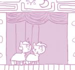 ambiguous_gender clothed clothing duo equid equine feral ficficponyfic hasbro horn mammal monochrome my_little_pony mythological_creature mythological_equine mythology pink_and_white puppet purple_and_white side_view stage standing unicorn