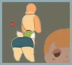 ambiguous_gender anthro bent_over big_butt bottomwear butt clothing duo female hair heart_symbol hip_sway long_ears looking_at_viewer looking_away orange_hair shirt skirt smile tail thick_thighs topwear vest yellow_body okchibi5 animal_crossing nintendo isabelle_(animal_crossing) villager_(animal_crossing) canid canine canis domestic_dog mammal animated low_res short_playtime