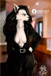 anthro black_clothing black_hair black_suit clothing eyewear female glasses grey_body grey_skin hair solo spy suit yellow_eyes jeancito93jean canid canine canis mammal wolf hi_res