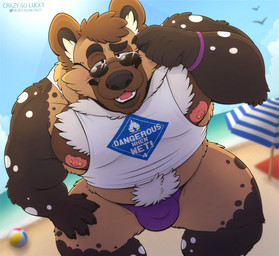 anthro beach belly black_nose body_hair bottomwear brown_body brown_eyes brown_fur bulge chest_hair clothing cloud detailed_background eyebrows eyewear frohawk front_view fur grin hair leaning_over looking_at_viewer male multicolored_body multicolored_fur muscular muscular_anthro muscular_male nipple_piercing nipples open_mouth outside pecs piercing pubes raised_eyebrow seaside sky smile solo speedo sun sunglasses swimwear thick_thighs water white_body white_fur themongrel darius_davis african_wild_dog canid canine mammal digital_media_(artwork) hi_res
