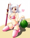 beach big_breasts bikini bra breasts cleavage clothed clothing female food frilly fruit hair heart_symbol legwear melee_weapon melon net open_mouth outside pink_sclera plant red_eyes ribbons sand scabbard seaside short_hair side-tie_bikini skimpy slim solo string_bikini suikawari swimwear sword tail thigh_highs tight_clothing two-piece_swimsuit underwear watermelon weapon white_hair kamiya_tomoe touhou momiji_inubashiri animal_humanoid canid canid_humanoid canine canine_humanoid canis dog_humanoid domestic_dog humanoid mammal mammal_humanoid digital_media_(artwork)