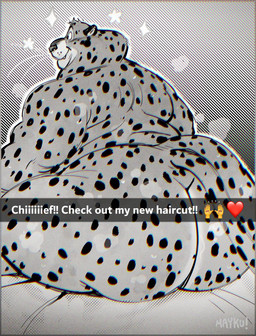 anthro big_butt butt emoji exclamation_point fangs fur male markings overweight overweight_anthro overweight_male rear_view sitting smile solo spots spotted_body spotted_fur tail teeth text mayku disney zootopia benjamin_clawhauser cheetah felid feline mammal 2025 digital_drawing_(artwork) digital_media_(artwork) english_description english_text greyscale hi_res monochrome