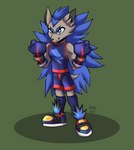 anthro blue_eyes blue_hair blue_quills bottomwear clothing fur glistening glistening_eyes green_blue_eyes grey_body grey_fur hair long_socks male navy_gloves navy_shoes shirt shorts solo tank_top topwear dragonfoxgirl alexander_matthew_quillback_(alexmquillback) eulipotyphlan hedgehog long-eared_hedgehog mammal hi_res