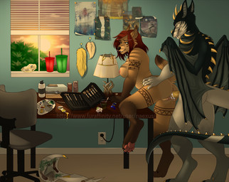 anthro antlers balls blinds bodily_fluids bone book breasts chair clitoris cum cum_drip cum_in_vagina cum_inside desk dripping duo erection female female_penetrated from_behind_position furniture genital_fluids genitals horn looking_at_viewer male male/female male_penetrating male_penetrating_female markings nipples nude paint paint_brushes pawpads paws penetration penile penile_penetration penis penis_in_vagina plug poster sex skull spikes sunset table tail vaginal vaginal_penetration vulva window wings conditional_dnp naexus mythology fawn_(donnecha) canid canine canis coyote dragon mammal mythological_creature mythological_scalie scalie digital_media_(artwork) distracting_watermark shaded watermark