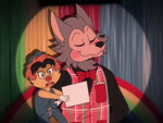 4:3 animated annoyed anthro belt black_clothing blue_clothing bow_tie brown_eyes canid canine canis card clothing creative_engineering_incorporated curtains devious_grin duo earl_schmerle ears_up eyeliner frown fur grey_body grey_fur hair latex makeup male mammal orange_eyes orange_hair pattern_clothing plaid plaid_clothing puppet rainbow reading red_nose riocin rolfe_dewolfe rope rope_belt short_playtime showbiz_pizza_place smile sound spotlight_beam the_rock-afire_explosion webm wolf yellow_body yellow_fur