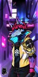 anthro blue_body blue_fur clothed clothing cybernetics cyberpunk fur green_eyes hair looking_at_viewer machine male neon_lights purple_body purple_fur red_hair solo tail text white_body white_fur gormi110 cyberpunk_2077 gormi_(gormi110) arctic_fox canid canine canis fox mammal true_fox 1:2 2024 absurd_res digital_media_(artwork) hi_res shaded url widescreen