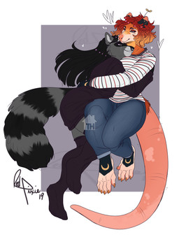 5_toes anthro black_hair clothed clothing duo eyebrows eyelashes feet female female/female green_eyes hair smile toes whiskers redpixie american_opossum mammal marsupial procyonid raccoon 2019 absurd_res digital_media_(artwork) hi_res
