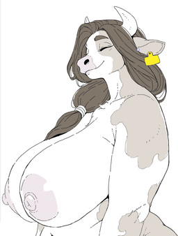 anthro areola big_areola big_breasts breasts brown_hair ear_piercing ear_tag eyes_closed female hair horn huge_breasts nipples nude piercing simple_background slightly_chubby smile solo white_background osada bovid bovine cattle mammal