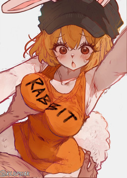 anthro big_breasts blonde_hair blush bodily_fluids breast_grab breast_squeeze breasts clothed clothed_anthro clothed_female clothing duo ears_through_headwear faceless_character faceless_male female female_anthro female_focus female_on_human fluffy fluffy_tail fur hair hand_on_breast hands_on_hips human_on_anthro interspecies male male/female male_human male_on_anthro navel_outline open_mouth red_eyes short_hair short_tail simple_background solo_focus squeezing sweat tail white_background white_body white_fur klopsiak one_piece carrot_(one_piece) human lagomorph leporid mammal minkmen_(one_piece) rabbit 2025 watermark