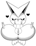 2_toes 3_fingers blush butt_wings feet female fingers genitals gesture half-closed_eyes hand_gesture heart_symbol narrowed_eyes open_mouth plump_labia pussy seductive simple_background solo thick_thighs toes v_sign white_background wings slem nintendo pokemon generation_5_pokemon legendary_pokemon pokemon_(species) victini 2024 black_and_white digital_media_(artwork) monochrome