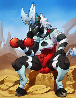 anthro anthrofied balls biped blue_eyes breasts cleavage clothed clothing dumbbell ear_piercing erect_nipples erection erection_under_clothing exercise genitals gynomorph hair hooves intersex muscular muscular_anthro muscular_gynomorph muscular_intersex nipple_outline nipples penis piercing pokemorph solo weightlifting weights white_hair workout yellow_sclera zwitterkitsune nintendo pokemon equid generation_5_pokemon mammal pokemon_(species) zebstrika 2017