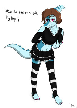 anthro biped black_bottomwear black_clothing black_crop_top black_shirt black_skirt black_topwear blue_body blue_scales bone_frill bottomwear brown_hair claws clothed clothed_anthro clothed_male clothing crop_top crossdressing dialogue eyewear feet femboy finger_claws fingers frill_(anatomy) front_view gesture glasses hair hand_behind_back hand_gesture humanoid_hands inviting leaning leaning_forward legwear long_tail looking_at_viewer male markings midriff navel pattern_clothing pattern_legwear pattern_stockings pointing pointing_at_self pointing_up pose purple_claws purple_eyes rectangular_glasses scales seductive shirt short_hair simple_background skirt smile solo spiked_tail spikes spikes_(anatomy) standing stockings striped_clothing striped_legwear striped_markings striped_stockings stripes tail talking_to_viewer text thigh_highs toe_claws toes topwear white_background tahilix cavemanon_studios i_wani_hug_that_gator benjamin_mcknight dinosaur hadrosaurid ornithischian ornithopod parasaurolophus prehistoric_species reptile scalie absurd_res artist_name colored english_text full-length_portrait hi_res portrait shaded