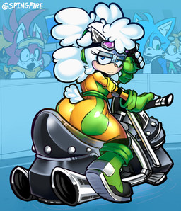 anthro big_butt biker blue_eyes bodysuit boots breasts butt clothing eyelashes eyewear eyewear_on_head female fingerless_gloves footwear frown glistening glistening_bodysuit glistening_clothing glistening_skinsuit gloves goggles goggles_on_head handwear horn motorcycle shoes skinsuit solo tight_clothing vehicle white_body realspingfire idw_publishing sega sonic_the_hedgehog_(comics) sonic_the_hedgehog_(idw) sonic_the_hedgehog_(series) lanolin_the_sheep_(sonic) bovid caprine mammal sheep 2026 absurd_res hi_res