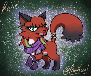 accessory bangs belly black_body black_fur clothing ear_piercing ear_ring eyeliner facial_tuft female feral fluffy fluffy_tail freckles fur furgonomics gloves green_eyes green_hair green_highlights green_jewelry hair handwear highlights_(coloring) jewelry looking_at_viewer makeup markings metal_jewelry open_mouth paws piercing pointy_ears purple_clothing purple_gloves purple_handwear purple_scarf raised_paw red_body red_fur red_hair ring_piercing scarf solo tail tail_accessory tail_jewelry thief tongue tuft white_belly white_freckles white_markings psykwol nintendo pokemon roxie_(psykwol) generation_8_pokemon nickit pokemon_(species) 6:5