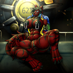 anthro black_body black_fur black_nipples black_vulva blue_eyes claws clothed clothing detailed_background female fluffy fluffy_tail fur genitals multicolored_body multicolored_fur muscular muscular_anthro muscular_female nipple_piercing nipples partially_clothed piercing pip-boy red_body red_fur smile solo tail two_tone_body two_tone_fur vault_suit vulva zi0808 fallout microsoft chancellor_bayn canid canine canis felid hybrid mammal pantherine tiger wolf 1:1 hi_res