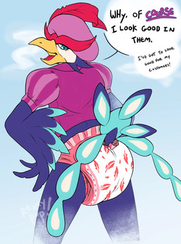 ambiguous_gender anthro beak clean_diaper clothed clothing dialogue diaper eyelashes feathers hat headgear headwear looking_back pantsless simple_background solo speech_bubble standing text topwear wearing_diaper rexxypawz nintendo pokemon avian generation_9_pokemon pokemon_(species) quaquaval 2025 character_request digital_media_(artwork) english_text hi_res signature