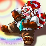 anthro belly bottomwear clothing cute_fangs fangs humanoid_hands kemono male necktie overweight overweight_male pants red_body shirt sitting solo suspenders teeth topwear white_body nigauritaruto lifewonders tokyo_afterschool_summoners zhurong_(tas) ailurid mammal red_panda 1:1 2021 absurd_res hi_res