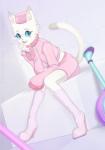 anthro blue_eyes blush boots bottomwear clothed clothing female footwear fur hat headgear headwear looking_at_viewer shoes sitting skirt solo white_body white_fur takoto blinx_the_time_sweeper microsoft xbox_game_studios catherine_(blinx) domestic_cat felid feline felis mammal digital_drawing_(artwork) digital_media_(artwork)