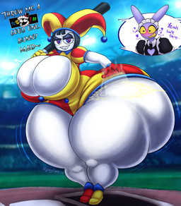 5_fingers anthro bat_(object) big_breasts big_butt black_hair blush breasts butt caine_censorship censor_bar clothing duo eyebrows eyelashes female fingers fool's_hat hair hat headgear headwear heart_eyes heart_symbol heartbeat huge_breasts huge_butt huge_hips human_focus hyper hyper_butt hyper_hips jester_outfit looking_at_viewer maid_uniform male not_furry_focus purple_body teeth text uniform white_body wide_hips yellow_sclera nightlyflare glitch_productions the_amazing_digital_circus evil_pomni_(tadc) jax_(tadc) human lagomorph leporid mammal rabbit 2025 english_text hi_res