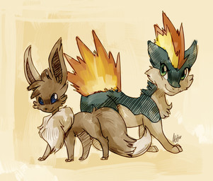 3_fingers 3_toes black_nose blue_eyes brown_body brown_fur cheek_tuft chest_tuft duo facial_tuft feet female feral fingers fire flaming_hair fur green_eyes head_tuft male pale_fur paws pseudo_hair simple_background toes tuft spacesmilodon nintendo pokemon eevee generation_1_pokemon generation_2_pokemon pokemon_(species) quilava 2013 hi_res