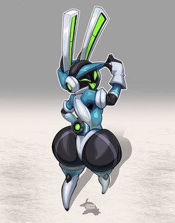anthro big_butt black_body blue_clothing boots breasts butt clothing electronics eyelashes female footwear gloves green_eyes hand_on_hat handwear headphones jumpsuit looking_back machine no_pupils one_eye_closed screen screen_face shoes solo tail tipping_hat white_clothing wink stormrayneart project_turboblast tempo_(project_turboblast) animal_humanoid humanoid lagomorph leporid mammal rabbit robot 2026 hi_res