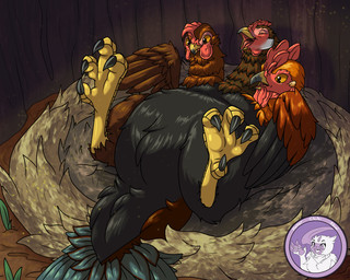3_heads ambiguous_gender feathers feet feral hay_nest inside lying multi_head nest on_back plant solo talons toes tree hyperchibiabsol avian bird chicken galliform phasianid 5:4 hi_res