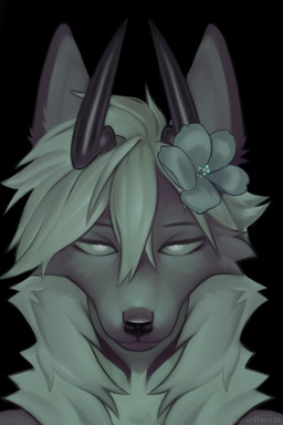 2_horns accessory anthro black_horn black_markings ear_markings flower flower_in_hair fur glowing glowing_eyes grey_body grey_fur hair hair_accessory horn looking_at_viewer male mane markings neck_markings plant serious_face solo tired_eyes white_eyes white_hair white_mane solarflare02 xavier_(solarflare02) canid canine fox grey_fox hybrid mammal urocyon hi_res portrait