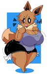 anthro big_breasts big_butt bottomwear breasts brown_body butt clothing dipstick_tail female huge_breasts huge_butt looking_at_viewer markings open_mouth shirt shorts slightly_chubby solo tail tail_markings text thick_thighs topwear white_eyes wide_hips lewd_dorky nintendo pokemon eevee generation_1_pokemon pokemon_(species) english_text hi_res