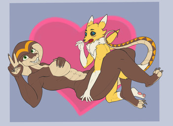 3_toes 5_fingers abs age_difference anthro between_legs black_sclera breasts claws covering duo feet female fingers from_front_position gesture hand_gesture larger_female lying male male/female medium_breasts missionary_position muscular muscular_anthro muscular_female nude nude_anthro nude_female nude_male older_anthro older_female on_back sex size_difference surprised toe_claws toes v_sign younger_anthro younger_male zinamon mary_mh bandai_namco digimon shandi canid cobra digimon_(species) humanoid mammal renamon reptile scalie snake hi_res