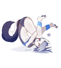 annoyed anthro athletic_wear bodily_fluids breasts clothed clothing exercise exhausted female hug looking_at_viewer partially_clothed red_sclera solo sport stretching sweat tail sikesmort hellaverse helluva_boss loona_(helluva_boss) canid canine canis mammal wolf absurd_res hi_res
