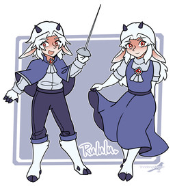 animal_ears clothed clothing dark_horn duo female gem hair horn looking_at_viewer male melee_weapon red_eyes red_gem sword weapon white_hair shriekingmagpie bovid caprine humanoid mammal sheep hi_res
