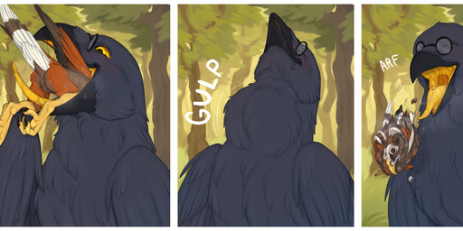 anthro bone burping burping_up_bones burping_up_feather burping_up_object duo fatal_vore feral gullet male male/male oral_vore pellet rictal_bristles skull vore yellow_eyes yellow_mouth bluelada dusk_(harrishawker) zyirk_goldhell accipitrid accipitriform avian bird corvid corvus_(genus) harris's_hawk oscine passerine raven comic hi_res