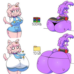 accessory anthro big_breasts big_butt blue_eyes breast_expansion breasts butt butt_expansion button_(fastener) button_pop clothing dripping duo expansion female growth hair hair_accessory huge_breasts huge_butt hyper hyper_butt lipstick long_ears makeup overalls pink_body pink_hair pointy_ears purple_body purple_hair red_eyes simple_background surprised wardrobe_malfunction white_background spicyredacted decompressed_file_meme winrar bunnita_(spicysierra) sarah_kattina_(spicysierra) domestic_cat felid feline felis goo_creature lagomorph leporid mammal rabbit 1:1 2026 hi_res meme