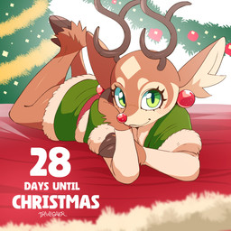 anthro antlers brown_body brown_fur calves_up clothed clothing detailed_background eyelashes female fingers fur green_eyes hand_on_cheek holidays hooved_fingers hooves horn inner_ear_fluff legs_up looking_at_viewer lying on_front red_nose solo tan_body tan_fur text tuft drawligator christmas renata_(drawligator) deer mammal new_world_deer reindeer 1:1 2025 english_text hi_res