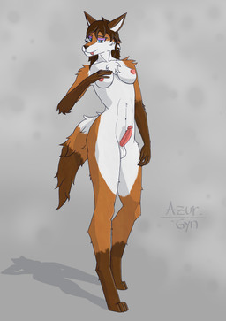 anthro athletic athletic_gynomorph athletic_intersex balls blep blue_eyes breasts brown_body brown_fur brown_hair curvy_figure digitigrade foreskin fur genitals gynomorph hair hand_on_breast humanoid_genitalia humanoid_penis intersex multicolored_body multicolored_fur nipples nude orange_body orange_fur penis realistic_penis_size retracted_foreskin simple_background solo tail tongue tongue_out white_body white_fur azurgyn canid canine fox mammal digital_drawing_(artwork) digital_media_(artwork) hi_res signature
