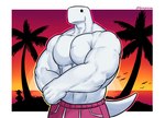 anthro big_biceps big_pecs bottomwear clothing duo hat headgear headwear male muscular muscular_anthro muscular_male palm_tree pecs plant shirtless shirtless_male sun sunset tree dynogreeno dyno_(dynogreeno) largo_(dynogreeno) dinosaur prehistoric_species reptile scalie hi_res