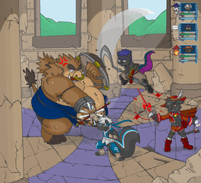 angry anthro belly black_body brown_body detailed_background facial_piercing fight group magic magic_user male nose_piercing nose_ring overweight overweight_male piercing ring_piercing shield size_difference weapon white_body fatyogi domestic_cat felid feline felis mammal mephitid skunk suid suine sus_(pig) wild_boar 2012