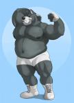 anthro belly biped black_nipples black_nose blue_background bottomwear clothed clothing eyes_closed fingerless_gloves flexing footwear fur gloves grey_body grey_fur handwear male musclegut muscular muscular_anthro muscular_male navel nipples overweight overweight_anthro overweight_male pecs shoes shorts simple_background solo standing topless wrestling houndgrey hound_(character) canid canine canis domestic_dog mammal hi_res