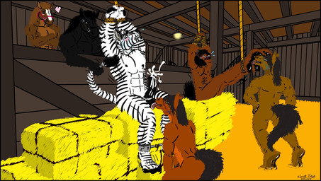 abs anthro ball_lick balls bdsm biped black_body black_fur black_mane black_striped_fur black_stripes black_tail black_tail_tuft blush bodily_fluids bondage bound bridle brown_body brown_fur butt crossed_arms crying_laughing cum dominant dominant_anthro dominant_male ejaculation feet foot_fetish foot_lick foot_play fur genital_fluids genitals group hands_on_hips hands_on_own_hips hay hay_bale heart_symbol laugh licking looking_at_another male male/male mane muscular muscular_anthro muscular_male nipples nude_anthro nude_male open_mouth oral pecs penis restrained restraints rope rope_bondage sex sitting standing striped_body striped_fur stripes submissive submissive_anthro submissive_male tail tail_grab tail_tickle tail_tuft tears teeth tickle_fetish tickle_torture tickling tickling_armpits tickling_feet tongue tongue_out tuft white_body white_fur yellow_eyes wanderer1988 racing_stripes stripes_(racing_stripes) equid equine horse mammal zebra 2015 hi_res