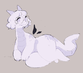 anthro claws eyewear female glasses hair horn lying overweight overweight_anthro overweight_female purple_eyes scales short_hair simple_background solo tail thick_thighs ventral_scales white_body white_hair wide_hips eerieviolet mythology april_(eerieviolet) dragon mythological_creature mythological_scalie scalie 2026 digital_media_(artwork) hi_res
