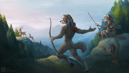 accessory adolescent anthro antlers arrow_(weapon) barefoot biceps black_pawpads bodypaint bow_(weapon) braided_hair brown_body brown_fur butt casual_nudity cloud detailed_background digitigrade facial_paint family feather_in_hair feathers feet female feral fluffy fluffy_tail forest fur furclad grey_body grey_fur grey_hair group hair hair_accessory holding_object holding_weapon horn hunter hunting kneeling long_hair loose_feather male markings mohawk mountain muscular muscular_male nature nude nudist outside pawpads paws plant quiver_(object) ranged_weapon short_tail shrub sitting sky slim social_nudity tail text tree tribal tribal_markings weapon young young_anthro young_female young_feral zaush ba'char_(zaush) tanta_(zaush) canid canine canis deer mammal wolf 2018 absurd_res digital_media_(artwork) hi_res brother_(lore) brother_and_sister_(lore) daughter_(lore) father_(lore) father_and_child_(lore) father_and_daughter_(lore) father_and_son_(lore) parent_(lore) parent_and_child_(lore) parent_and_daughter_(lore) parent_and_son_(lore) sibling_(lore) sister_(lore) son_(lore)
