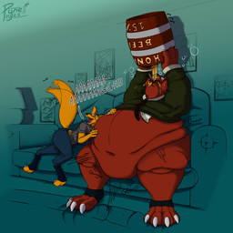 alcohol anthro belly belly_overhang beverage big_belly bubble canon_couple clothing drunk drunk_bubble duo furniture lamp love_handles male navel obese obese_anthro obese_male onomatopoeia overweight overweight_anthro overweight_male painting_(object) rug simple_background sofa sound_effects substance_intoxication tail tail_motion tailwag text thick_thighs wardrobe_malfunction weight_gain pyne night_in_the_woods angus_delaney gregg_lee bear canid canine fox mammal 1:1 absurd_res english_text hi_res monochrome