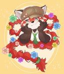 accessory ailurid anthro braided_hair braided_ponytail clothing flower flower_in_hair fur hair hair_accessory hara_hara_surum hat headgear headwear hi_res lifewonders long_hair male mammal multicolored_eyes necktie plant ponytail red_body red_fur red_panda solo tokyo_afterschool_summoners young zhurong_(tas)