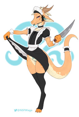 anthro bedroom_eyes blue_tongue bottomless choker clothed clothing clothing_lift dress dress_lift female flat_chested forked_tongue genitals gloves handwear holding_knife holding_object horn jewelry knife legwear looking_at_viewer maid_headdress maid_uniform narrowed_eyes necklace no_underwear seductive solo standing stockings tail thigh_highs tongue tongue_out uniform vulva womb_tattoo w4g4 kobold reptile scalie 2023 hi_res
