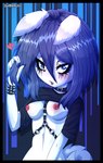 alternative_fashion anthro areola blue_hair bracelet breasts clothing collar female front_view goth hair harness heart_symbol jewelry looking_at_viewer nipples running_makeup running_mascara solo spiked_bracelet spikes tongue tongue_out jellystripe canid canine canis mammal wolf 2022 hi_res