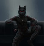 anthro athletic athletic_anthro athletic_male barefoot beverage black_body black_fur bottomwear clothed clothing feet fur furniture inside jewelry looking_at_viewer male markings necklace pants paws red_eyes sitting sofa solo spread_legs spreading topless solarflare02 kura canid canine canis mammal wolf absurd_res digital_drawing_(artwork) digital_media_(artwork) hi_res