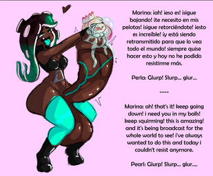 balls big_penis bodily_fluids cock_vore crossgender cum cum_drip dark_body dark_skin dialogue dripping duo erection female ftg_crossgender fti_crossgender genital_fluids genitals gynomorph huge_penis hyper hyper_genitalia hyper_penis intersex intersex/female penile penis same_size_vore sound_effects text tongue tongue_out vore voraciouscake nintendo splatoon marina_(splatoon) pearl_(splatoon) aquatic cephalopod humanoid inkling mollusk octarian octoling english_text spanish_text