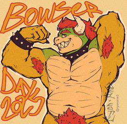 anthro armpit_fetish armpit_hair black_nails body_hair collar colored_nails fur hair horn jewelry male musclegut muscular nails pecs pubes pubes_exposed red_body red_eyes red_fur simple_background smile solo spikes text ryonane bowser_day mario_bros nintendo bowser dragon_koopa koopa scalie digital_media_(artwork) hi_res